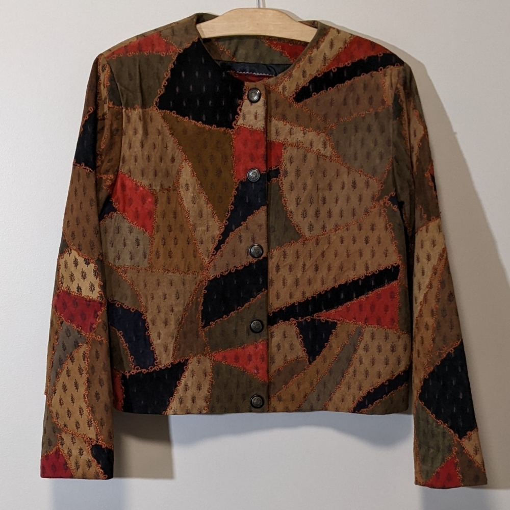 Vintage suede leather jacket patchwork cropped leaf print sz M